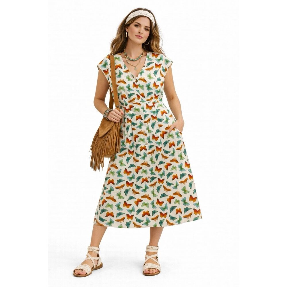 BUTTERFLY BOHO DRESS vintage MEDIUM bohemian hippie midi short sleeve retro